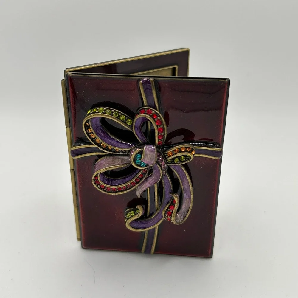 Jay Strongwater Burgundy Enamel Swarovski Crystal Bow Mini Double Picture Frame